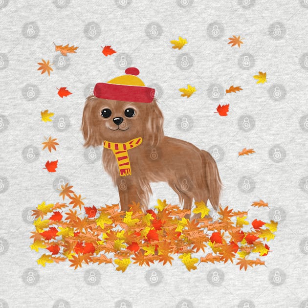 Ruby Cavalier King Charles Spaniel in Fall Leaves by Cavalier Gifts